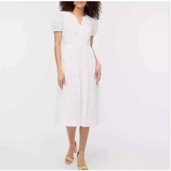 J. Crew Factory Eyelet Midi Dress Puff Sleeve Boho Summer Graduation Coastal - Picture 1 of 16